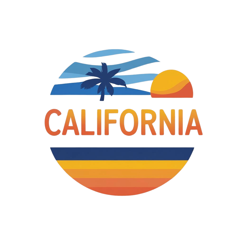 Logo design featuring the word 'California' with a stylized palm tree, sun, and waves in a vibrant color scheme.