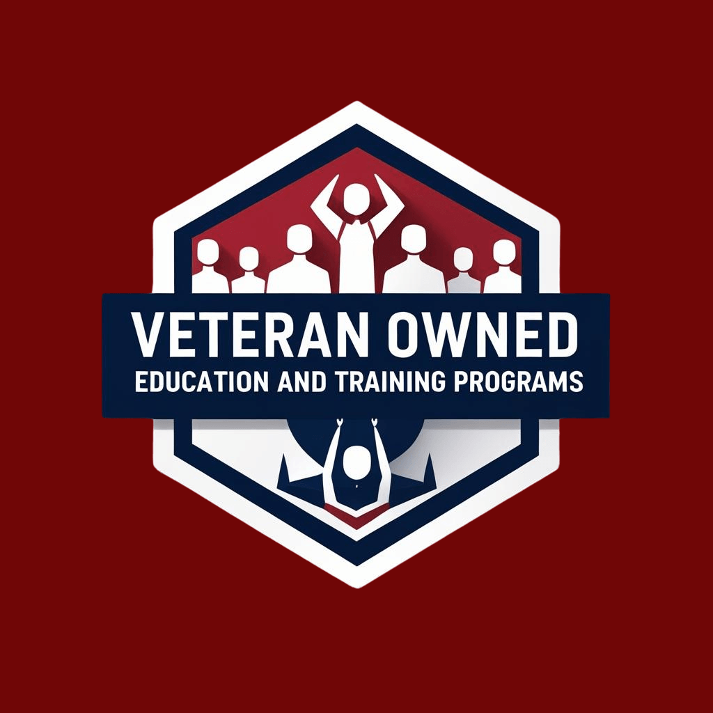Logo for veteran-owned education and training programs featuring stylized figures celebrating, with a shield design.