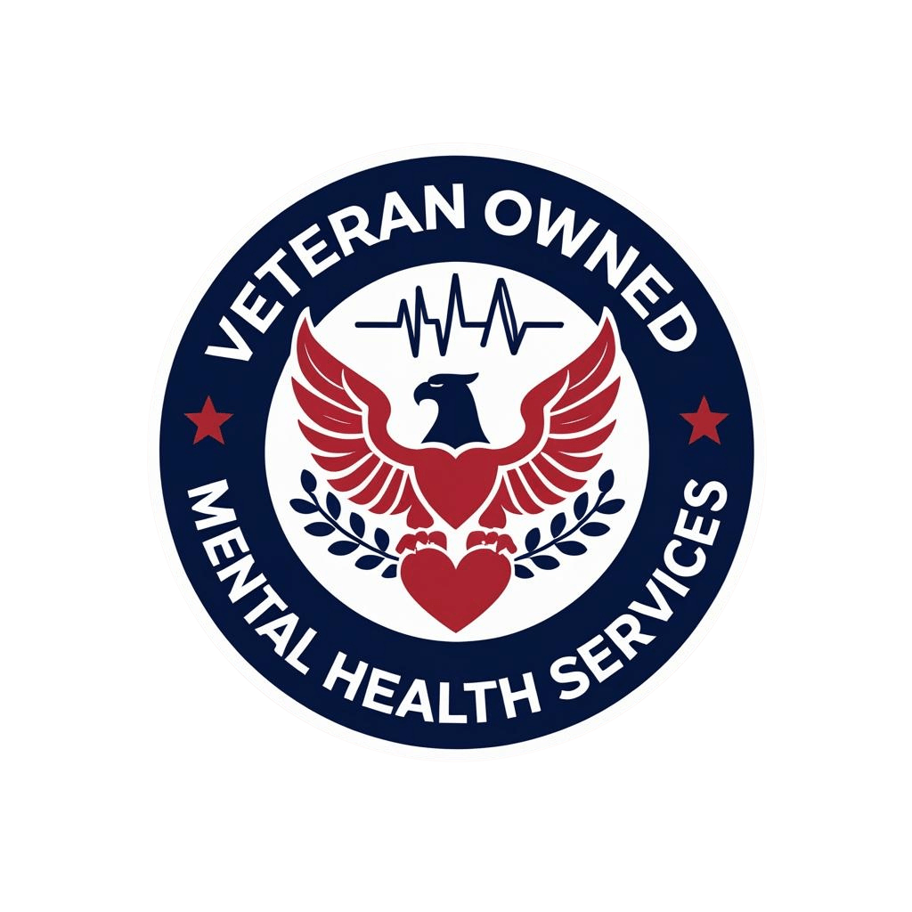 Logo featuring an eagle and heart symbol with text identifying it as 'Veteran Owned Mental Health Services'.