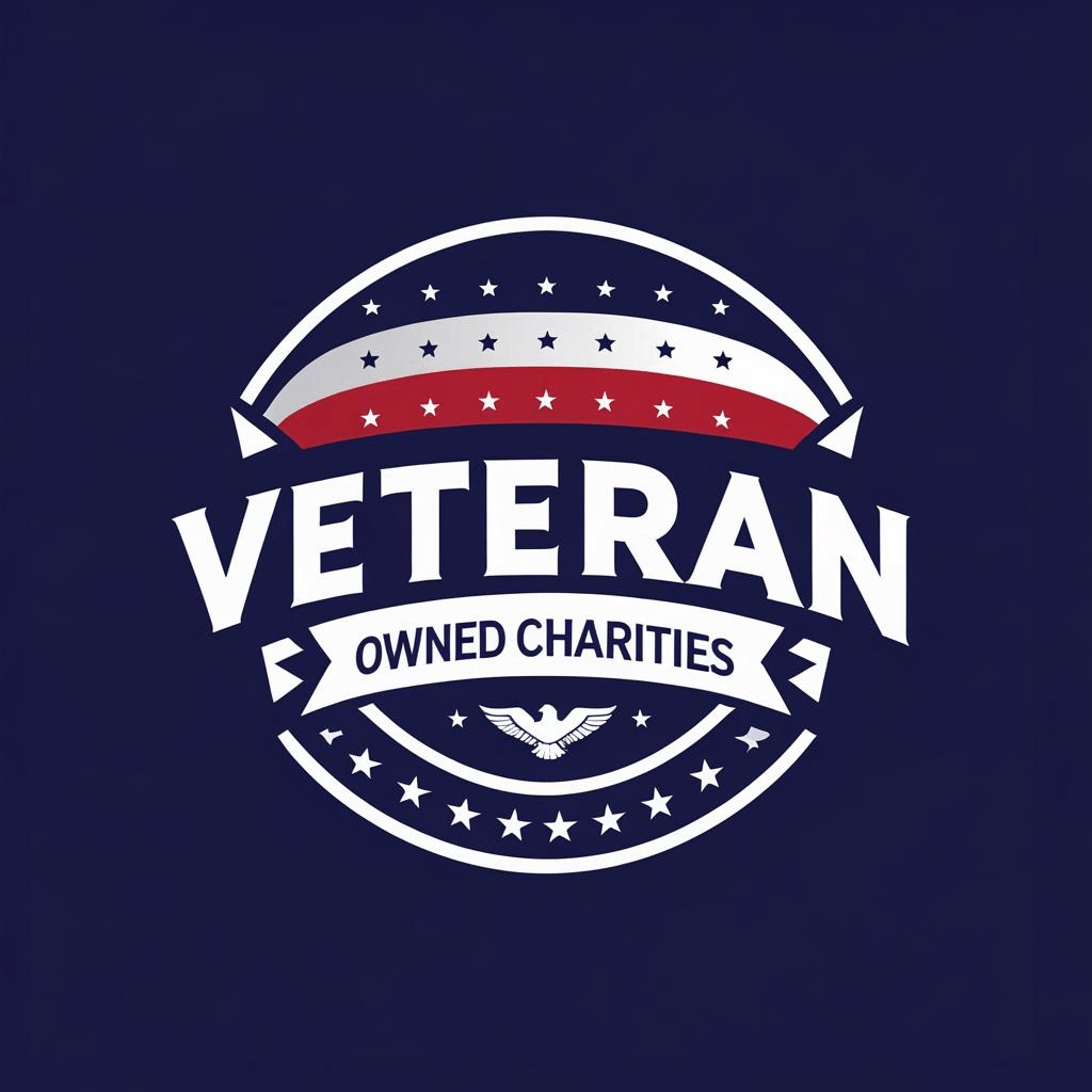 Logo featuring the text 'VETERAN OWNED CHARITIES' with stars and stripes on a dark blue background.