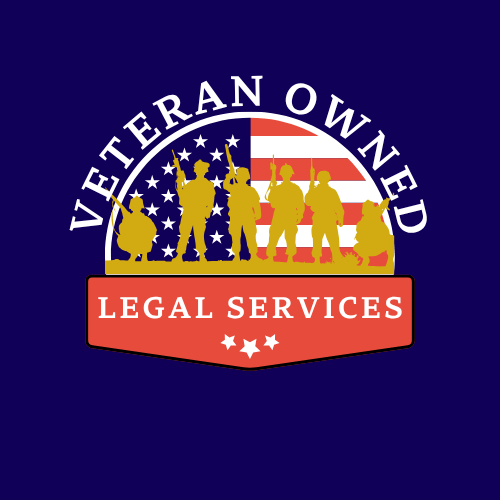 Logo featuring the phrase 'VETERAN OWNED LEGAL SERVICES' with silhouettes of soldiers and an American flag backdrop.