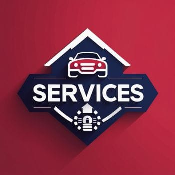Logo design featuring a car and home, emphasizing 'Services' related to automotive and home improvement on a red background.
