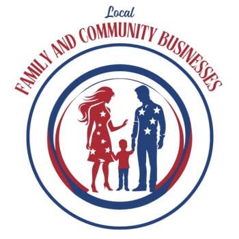 Logo featuring a stylized image of a family with patriotic colors, symbolizing support for local and community businesses.