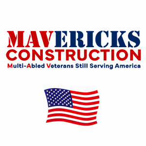 Logo for Mavericks Construction, featuring the name in bold red, white, and blue letters, accompanied by the phrase 'Multi-Abled Veterans Still Serving America' and an illustration of the American flag.