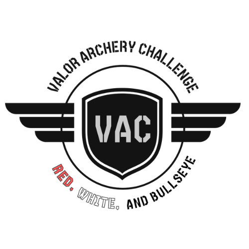 Logo of Valor Archery Challenge featuring the acronym VAC, with wings and the text 'Red, White, and Bullseye.'