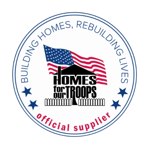 Logo for Homes for Our Troops, featuring a house silhouette and an American flag, with the slogan 'Building Homes, Rebuilding Lives' and text indicating it is an official supplier.