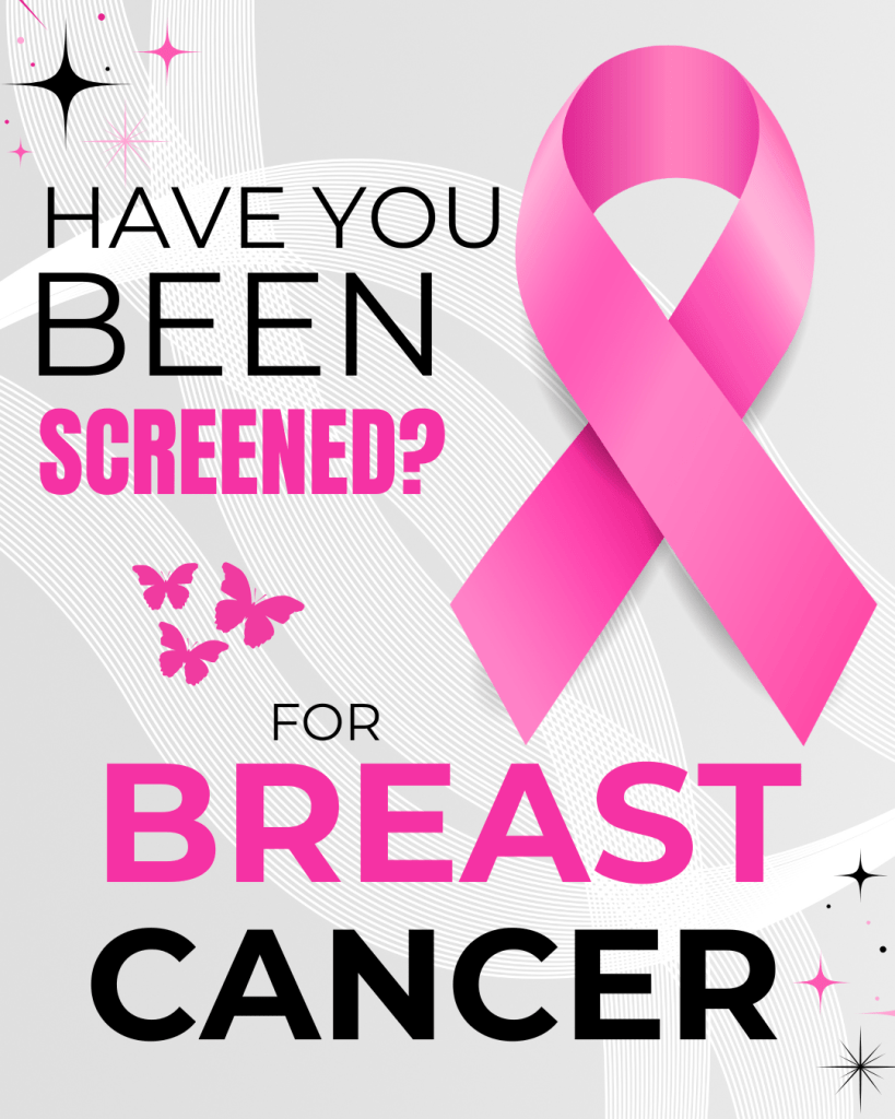 Poster promoting breast cancer screening, featuring a pink awareness ribbon and bold text.