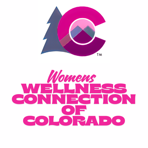Logo for Women's Wellness Connection of Colorado featuring a colorful mountain design and the text in bold pink.