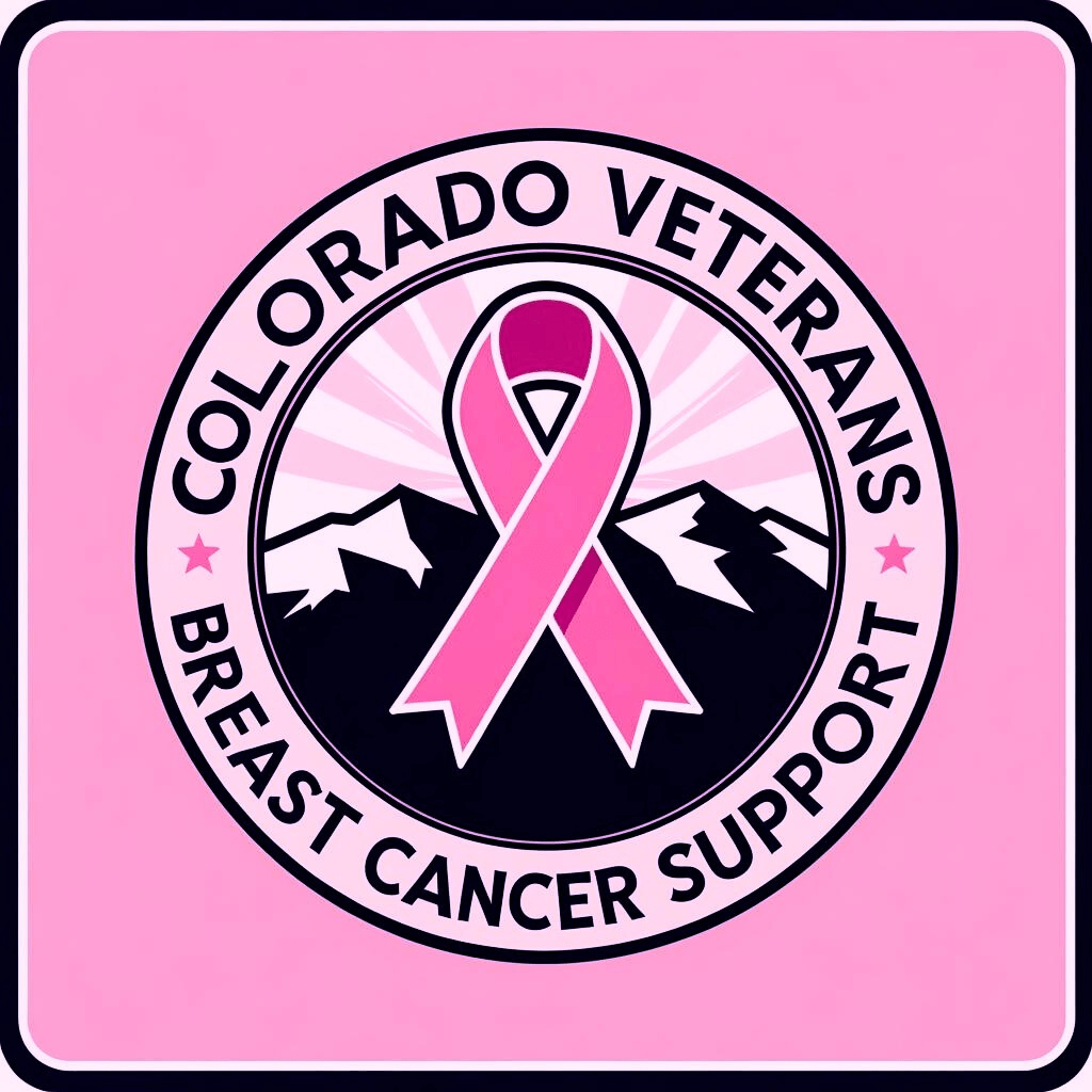 Logo for Colorado Veterans Breast Cancer Support featuring a pink ribbon and mountains in the background.